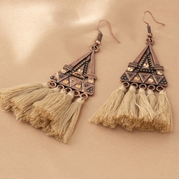 New Boho Triangle Metal Tassel Earrings in Neutral Color - Picture 2 of 4